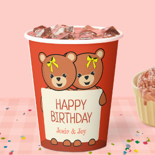 Cute Teddy Bear Twins or Siblings Birthday Party Paper Cups