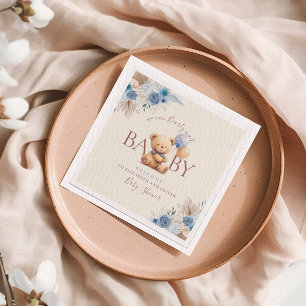 Cute Teddy Bear Two Balloons Blue Flowers Napkin