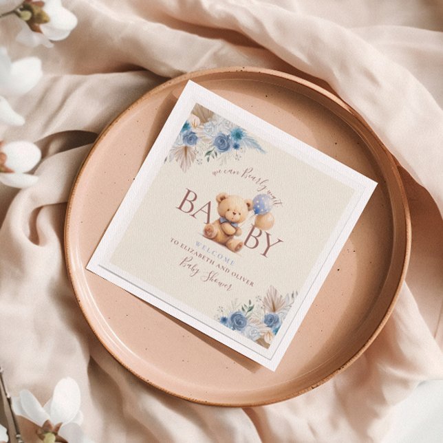 Cute Teddy Bear Two Balloons Blue Flowers Napkin (Creator Uploaded)