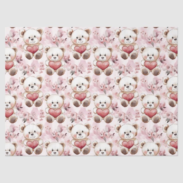 Cute Teddy Bear Valentine’s Day Hearts Pattern  Tissue Paper (Front)