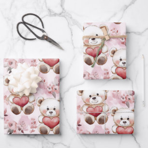 Cute Teddy Bear Valentine’s Day Hearts Pattern  Wrapping Paper Sheet