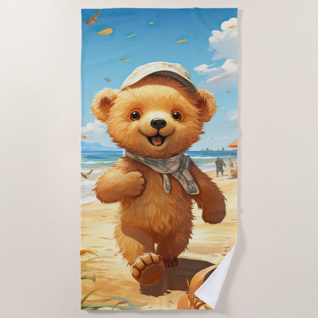 Cute teddy bear walking on the beach beach towel (Front)