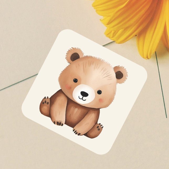 Cute Teddy Bear Watercolor Baby Woodland Animals Square Sticker (Baby Teddy bear sticker, cute woodland animal in watercolor style)