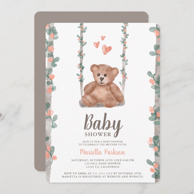 Cute teddy bear watercolor floral baby shower invitation (Front/Back)