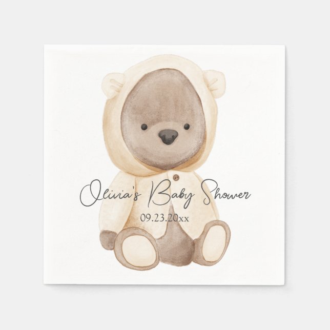 Cute Teddy Bear Watercolor Personalised Baby Napkin (Front)