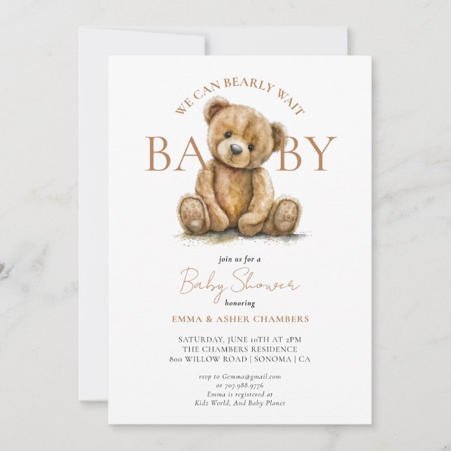 Cute Teddy Bear We Can Bearly Wait Baby Shower Invitation (Front)