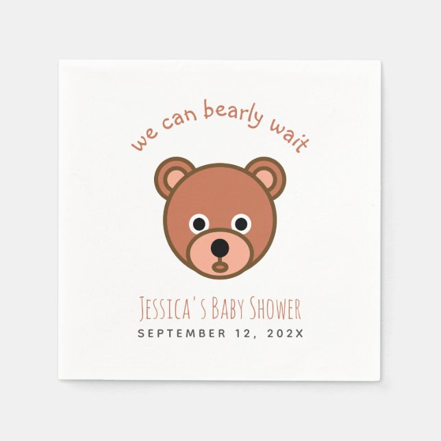 Cute Teddy Bear We Can Bearly Wait Baby Shower Napkin (Front)