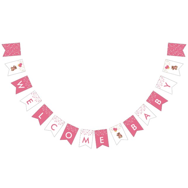 Cute Teddy Bear Welcome Baby Girl Pink Gold Shower Bunting (All)