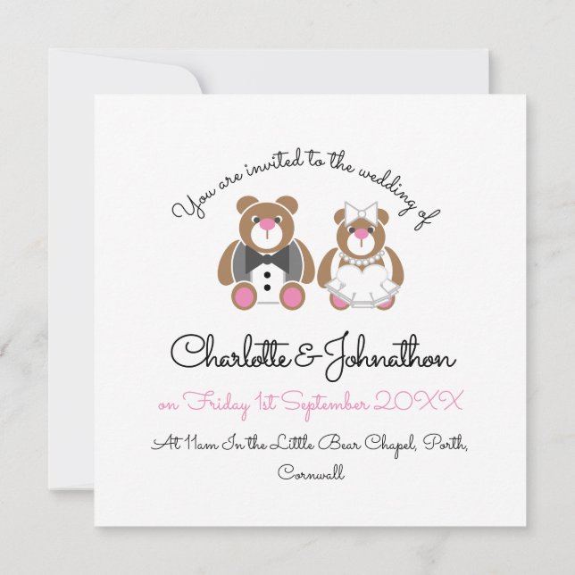 Cute teddy bear white wedding invitation (Back)