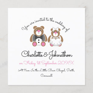 Cute teddy bear white wedding invitation