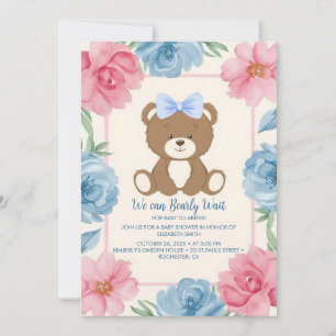 Cute teddy bear with a blue bow in roses invitation