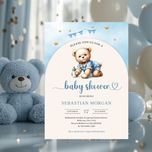Cute teddy bear with baby bottle arch boy invitation (cute teddy bear with baby bottle arched boy baby shower invitation)
