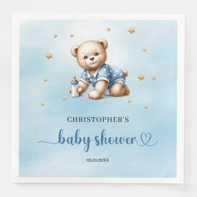 Cute teddy bear with baby bottle boy baby shower napkin (Front)