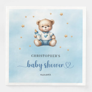 Cute teddy bear with baby bottle boy baby shower napkin