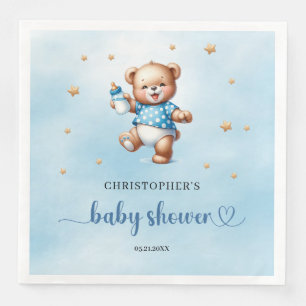 Cute teddy bear with baby bottle boy baby shower napkin