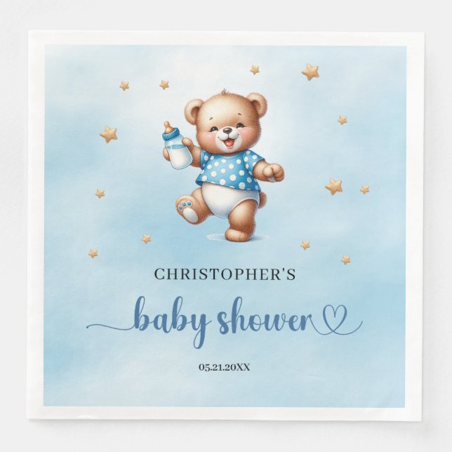 Cute teddy bear with baby bottle boy baby shower napkin (Front)