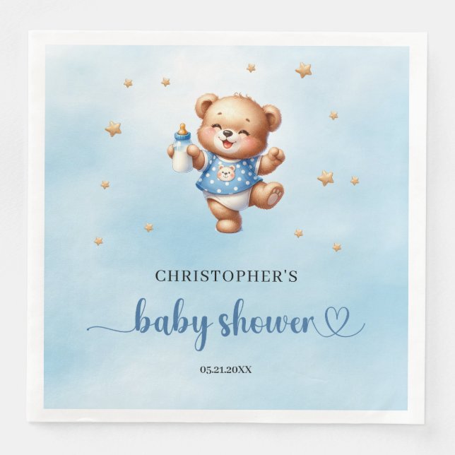 Cute teddy bear with baby bottle boy baby shower napkin (Front)