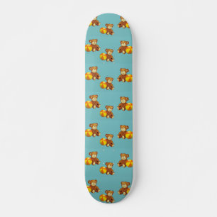 Cute teddy bear with ball on blue skateboard