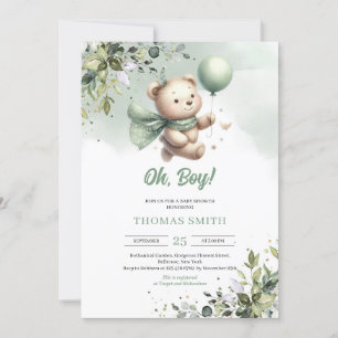 Cute teddy bear with balloon gender neutral green invitation