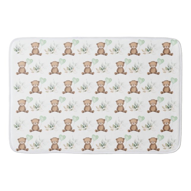 Cute Teddy Bear With Balloon & Greenery Kids Bath Mat (Front)
