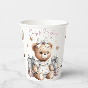 Cute Teddy Bear with Balloons and Gifts Paper Cups