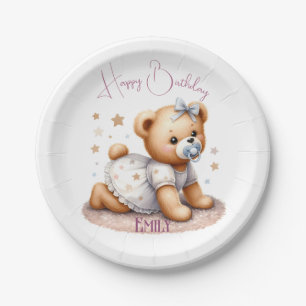 Cute Teddy Bear with Balloons and Gifts Paper Plate