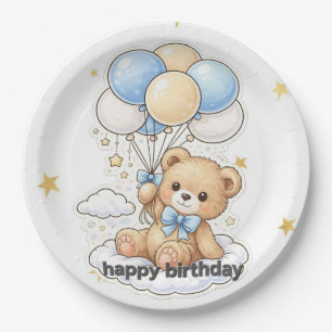 "Cute Teddy Bear with Balloons Boy Birthday Paper Plate
