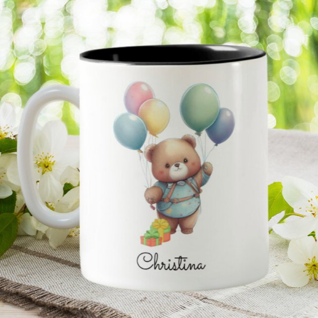 Cute Teddy Bear with Balloons Personalised Two-Tone Coffee Mug (Creator Uploaded)