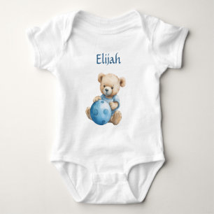 Cute Teddy Bear with Blue Ball Baby Bodysuit