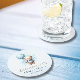 Cute Teddy Bear with Blue Balloon Baby Boy Shower Round Paper Coaster