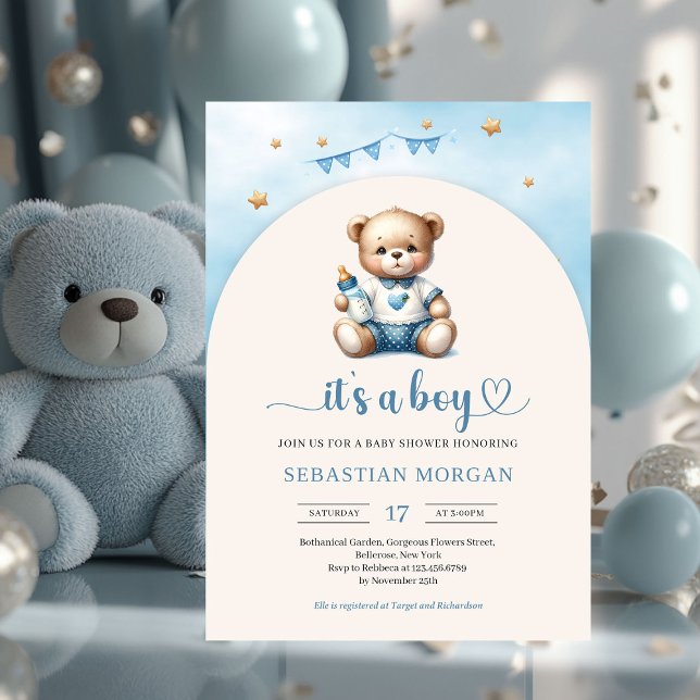 Cute teddy bear with bottle arched boy invitation (cute teddy bear with baby bottle arched boy baby shower invitation)