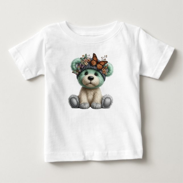 Cute Teddy Bear with Butterflies Floral Plush Baby T-Shirt (Front)