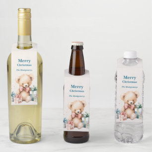 Cute Teddy Bear with Christmas Presents Bottle Tag