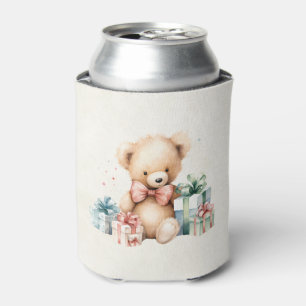 Cute Teddy Bear with Christmas Presents Can Cooler