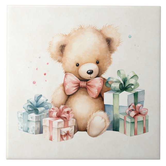Cute Teddy Bear with Christmas Presents Ceramic Tile (Front)
