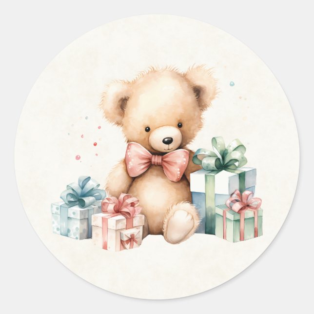 Cute Teddy Bear with Christmas Presents Classic Round Sticker (Front)