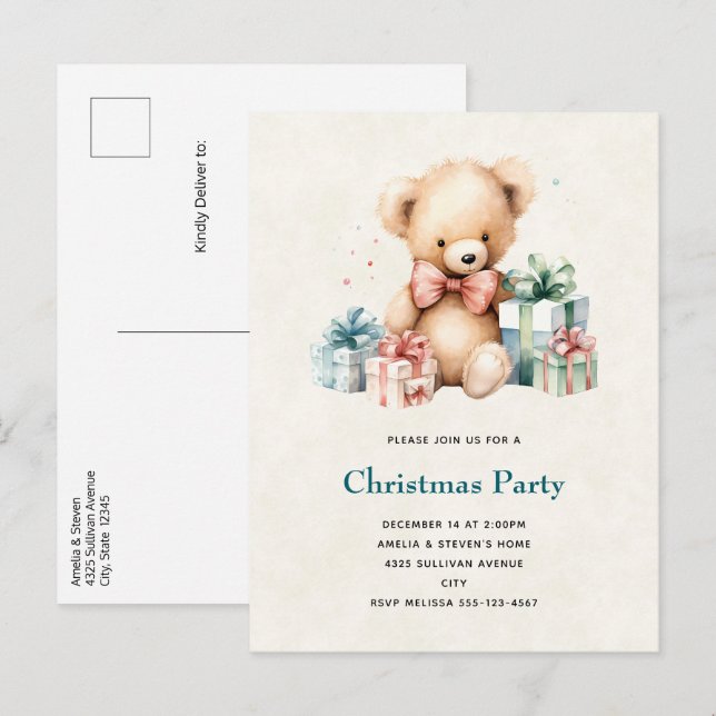 Cute Teddy Bear with Christmas Presents Invitation Postcard (Front/Back)