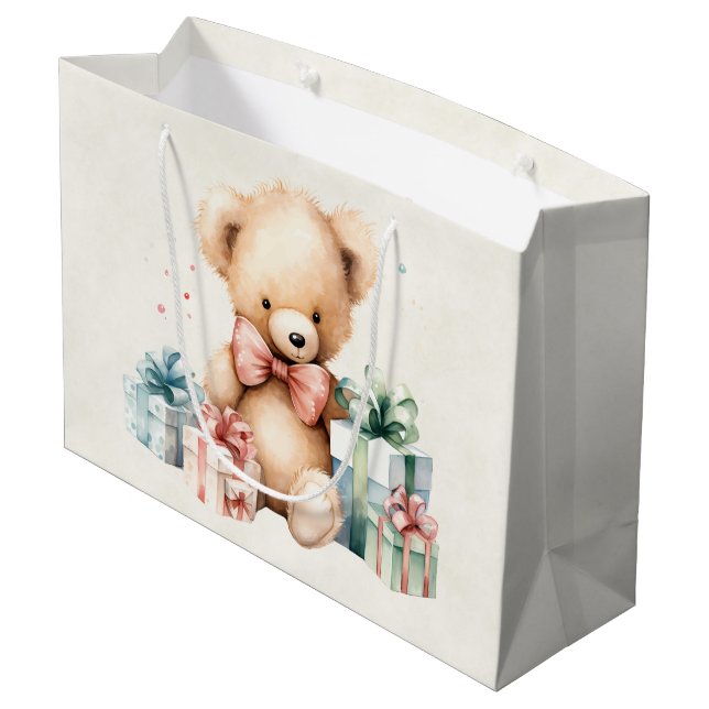 Cute Teddy Bear with Christmas Presents Large Gift Bag (Back Angled)