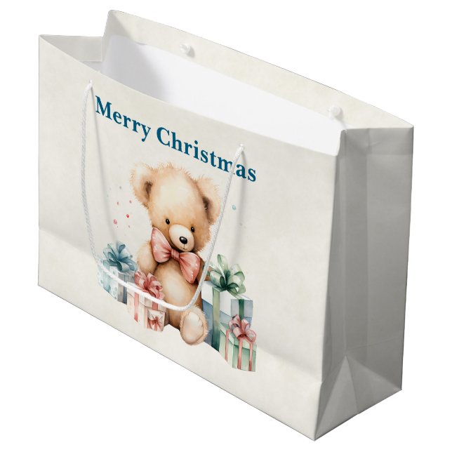 Cute Teddy Bear with Christmas Presents Large Gift Bag (Front Angled)