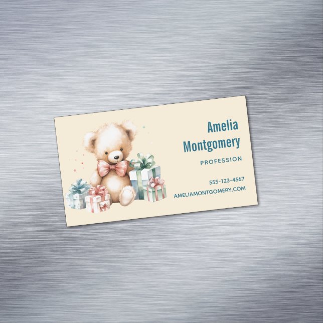 Cute Teddy Bear with Christmas Presents Magnetic Business Card (In Situ)