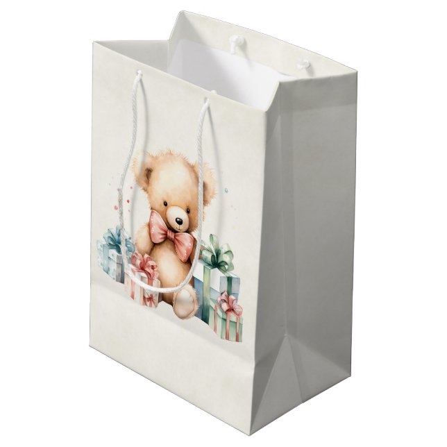 Cute Teddy Bear with Christmas Presents Medium Gift Bag (Back Angled)