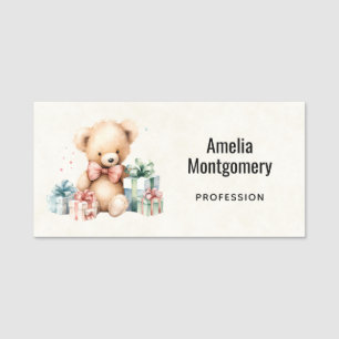 Cute Teddy Bear with Christmas Presents Name Tag