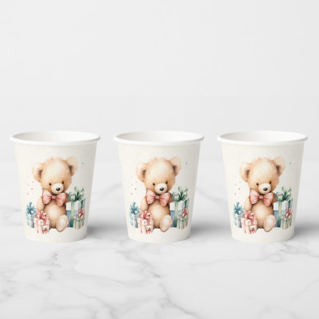 Cute Teddy Bear with Christmas Presents Paper Cups (Multi)