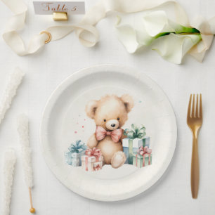 Cute Teddy Bear with Christmas Presents Paper Plate
