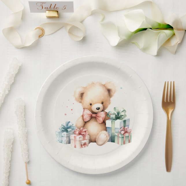 Cute Teddy Bear with Christmas Presents Paper Plate (Wedding)