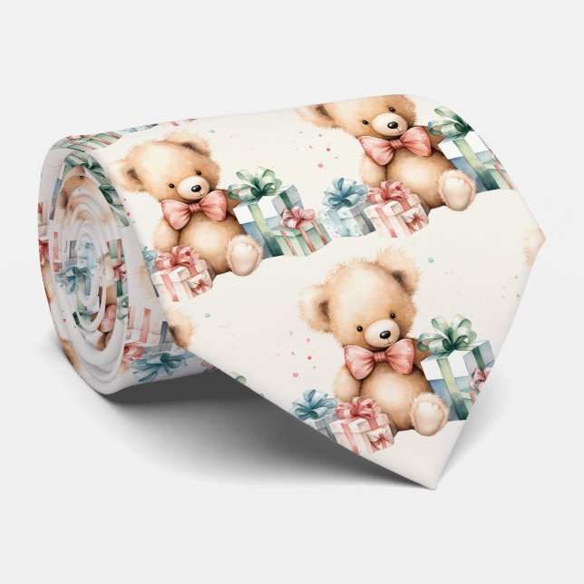 Cute Teddy Bear with Christmas Presents Pattern Tie (Rolled)