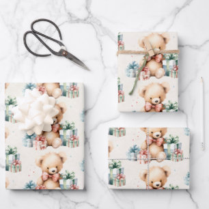Cute Teddy Bear with Christmas Presents Pattern Wrapping Paper Sheet