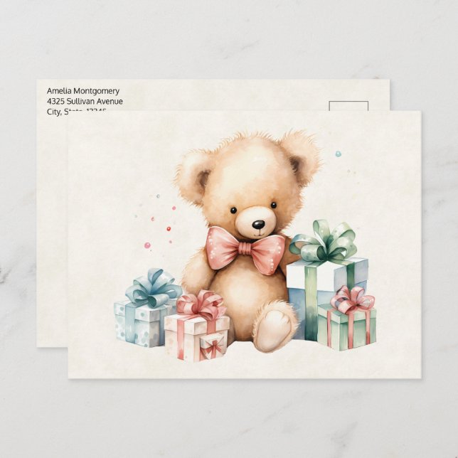 Cute Teddy Bear with Christmas Presents Postcard (Front/Back)