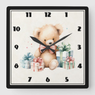 Cute Teddy Bear with Christmas Presents Square Wall Clock