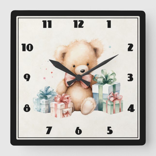Cute Teddy Bear with Christmas Presents Square Wall Clock (Front)